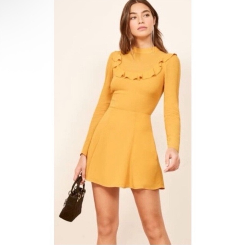 Reformation Spark Yellow Marigold Long Sleeve Mini Dress- Size 6